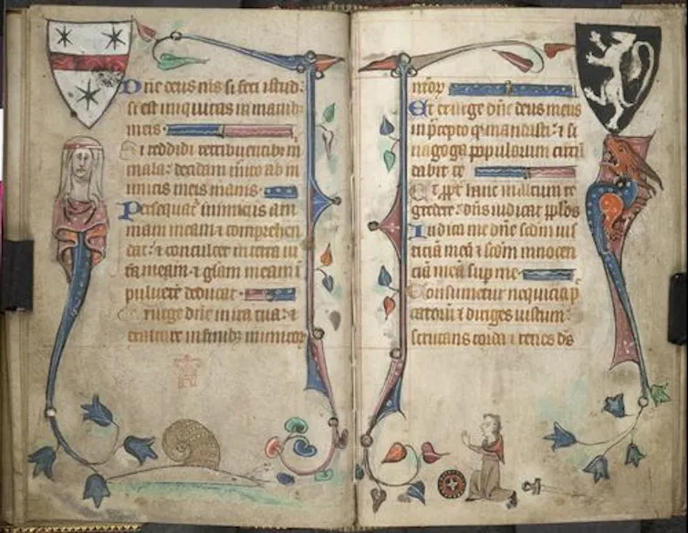 A page from a manuscript showing a snail facing a monk in the footer. The monk is disarmed and on his knees.
