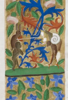 A rabbit and a snail sit on top of a pair of monkey's shoulders, jousting.