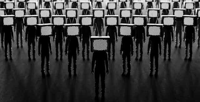 rows of people with televisions for heads showing a spiral pattern