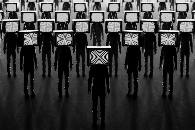 rows of people with televisions for heads showing a spiral pattern