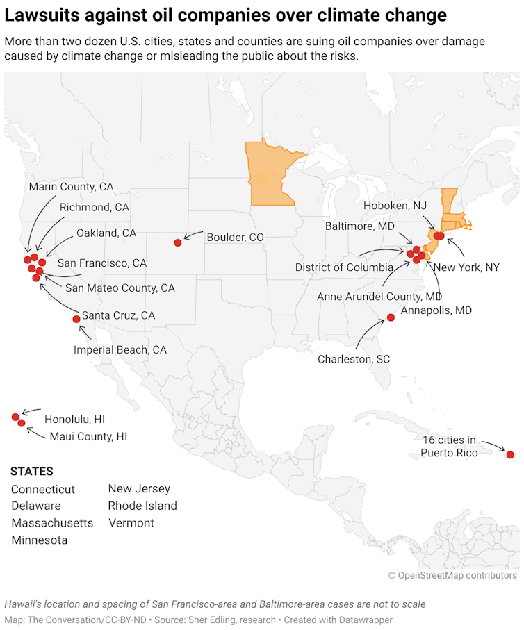 A map of the United States showing cities, states and counties that are suing oil companies over damage caused by climate change or misleading the public about the risks.