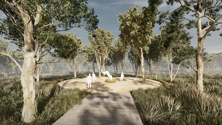 Concept image of new cemetery project with gum trees surrounding walkway and ceremonial area