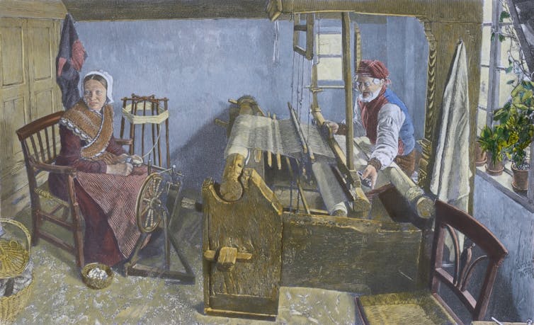 A home textile workshop, in Britain or Ireland. This image dates from the 19th century.