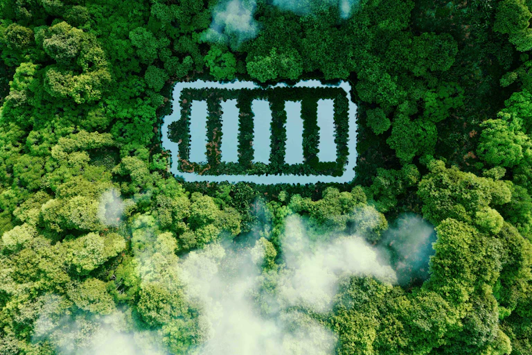 Estanque con forma de batería en un bosque.