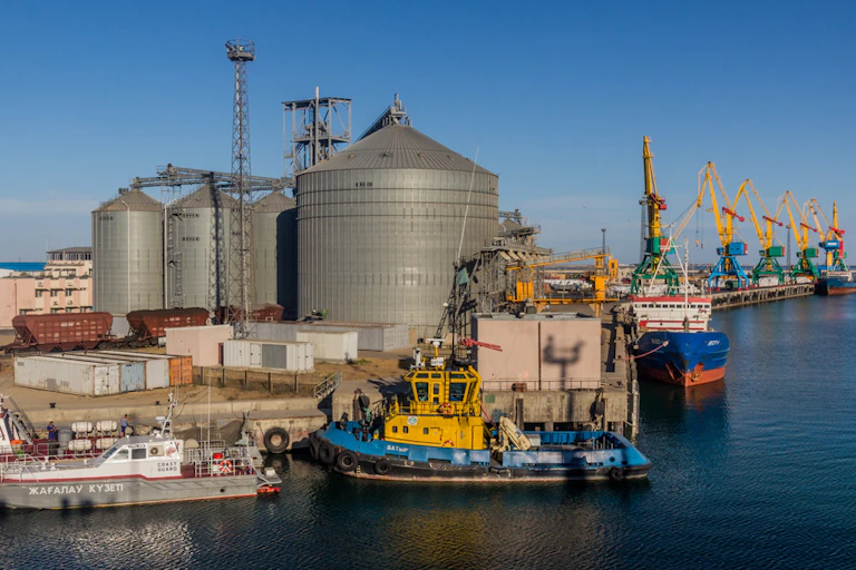 Boats moor up at a dock in Kazakhstan's port of Aktau.