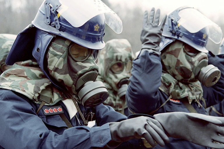 Dos agentes con trajes de protección y máscaras se ponen los guantes.