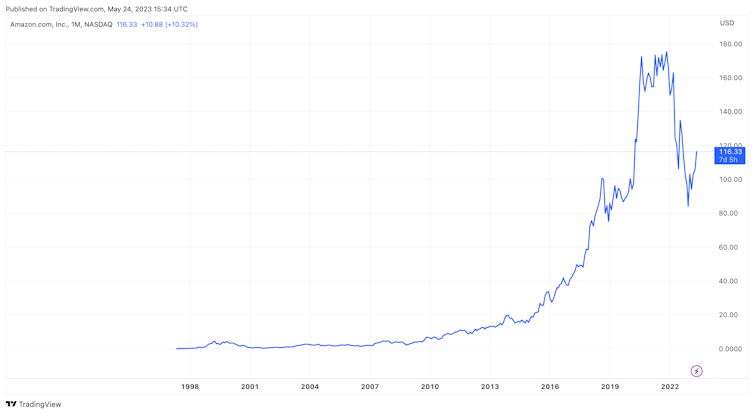 Line chart showing Amazon share price rising since 1990s.