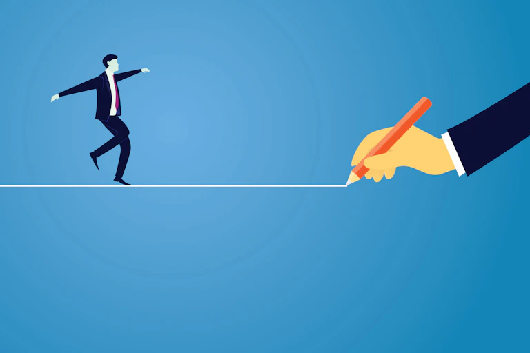 Man in suit on tightrope being drawn by a hand with a red pencil.