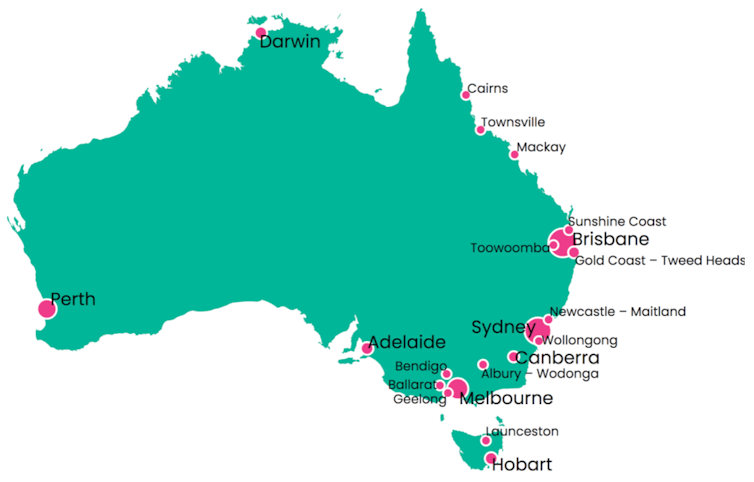 Map of Australia's 21 largest cities