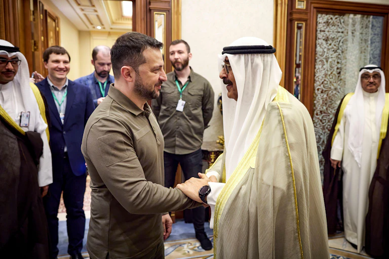 Ukrainian president, Volodymyr Zelensky, shakes hands with Saudi Crown Prince Mohammed bin Salman Al Saud
