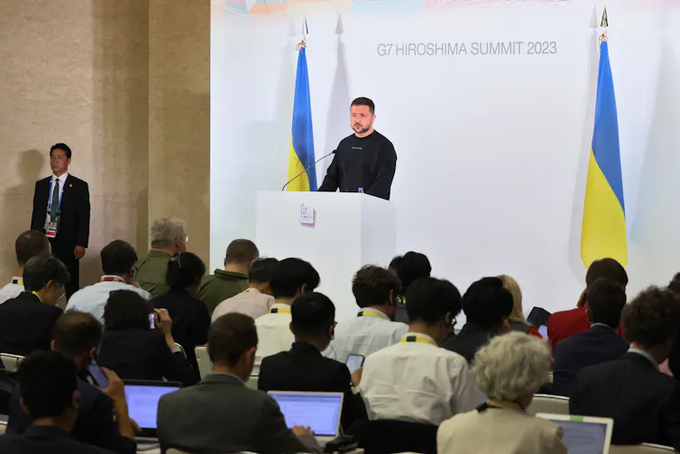 Ukrainian president Volodymyr Zelensky addresses the G7 in Hiroshima, May 2023.