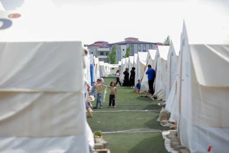 A row of tents set up to house people after the Turkish earthquake in 2023.