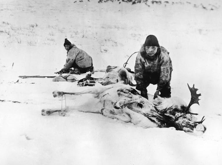 black and white 1924 photo of two Inuit hunters with caribou carcass