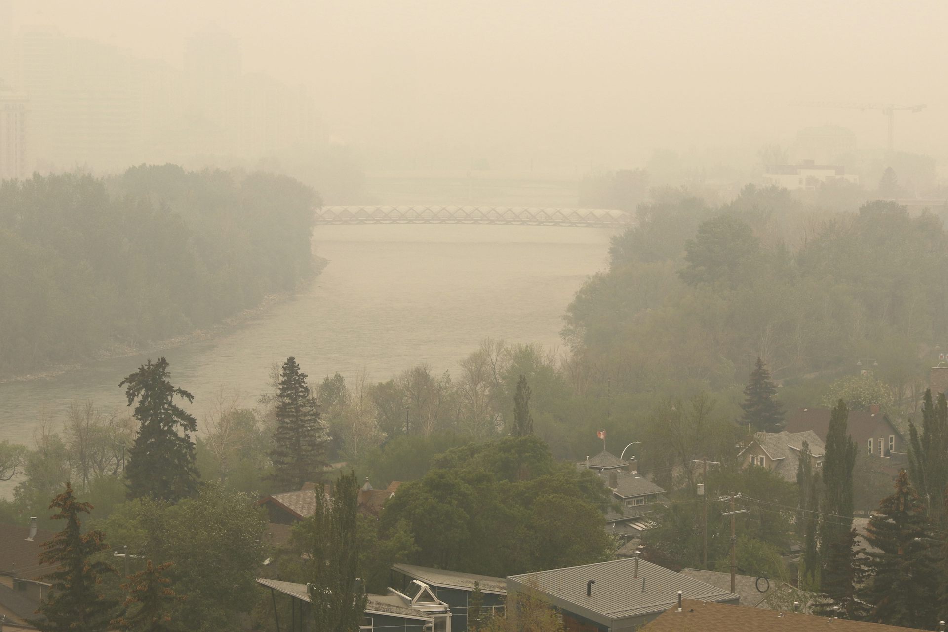 Hazy smoke seen over a skyline.