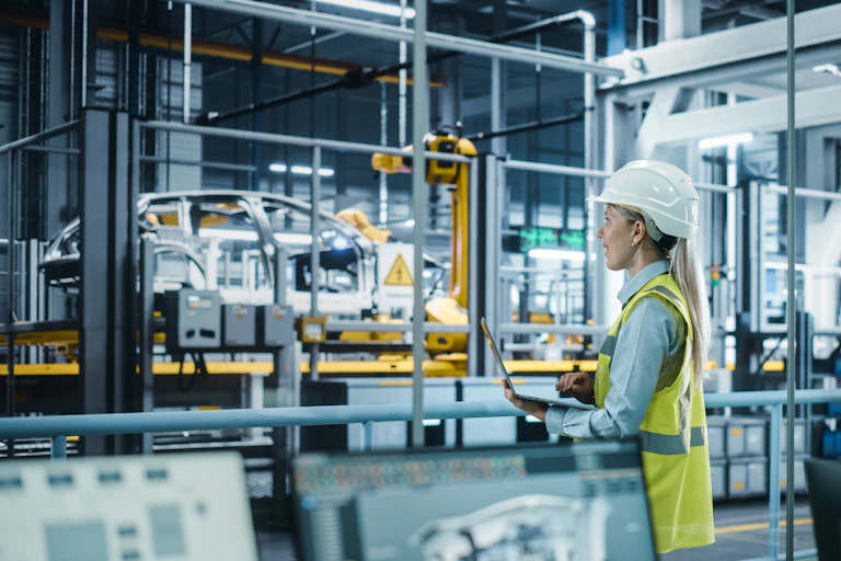 An engineer with a laptop looking at a car production line.