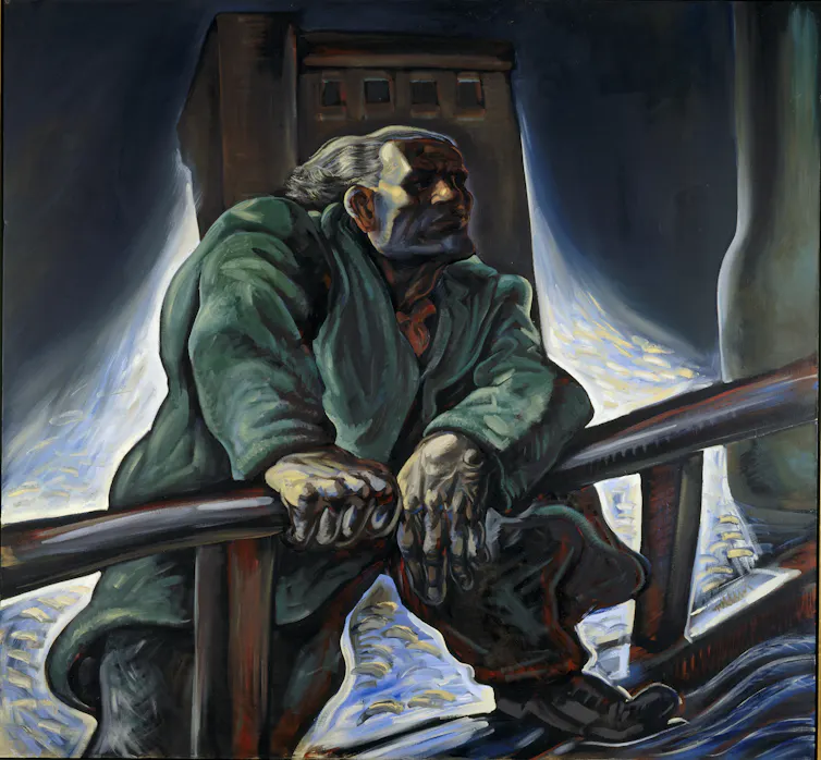 A dark and sinister-looking painting of a down-and-out by Peter Howson.