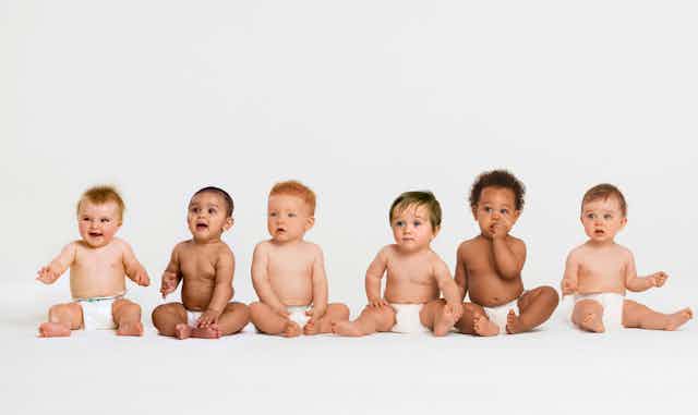 Six babies in diapers sitting in a row against a white backdrop