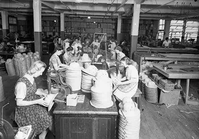 female workers machining the braid