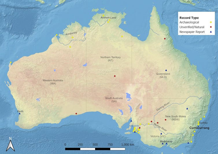 A map of Australia showing a few locations of dingo burials with yellow dots