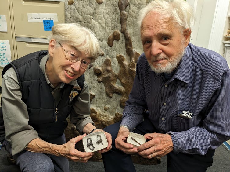 Two palaeontologists holding pterosaur bones