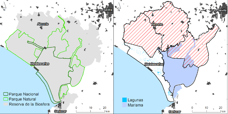 Mapa del Parque Nacional de Doñana mostrando las áreas con mayor deterioro de lagunas afectadas por anomalías distintas al clima (distancia a bombeos, extensión de cultivos, etc.)