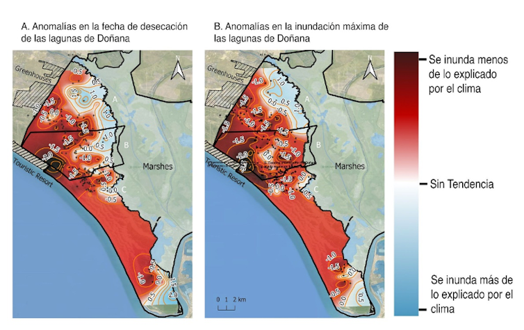Mapa del Parque Nacional de Doñana mostrando las áreas con mayor deterioro de lagunas afectadas por anomalías distintas al clima (distancia a bombeos, extensión de cultivos, etc.).