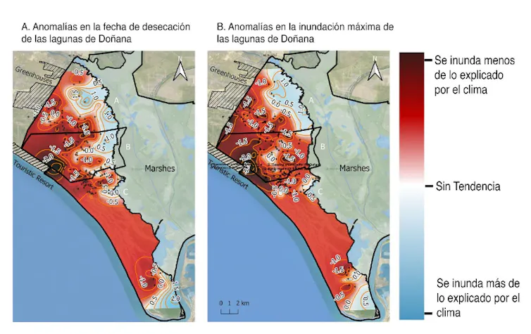 Mapa del Parque Nacional de Doñana mostrando las áreas con mayor deterioro de lagunas afectadas por anomalías distintas al clima (distancia a bombeos, extensión de cultivos, etc.).