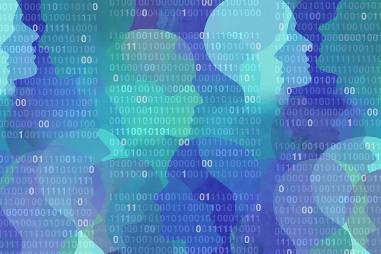 Perfiles de personas sobre un fondo azul con ceros y unos.