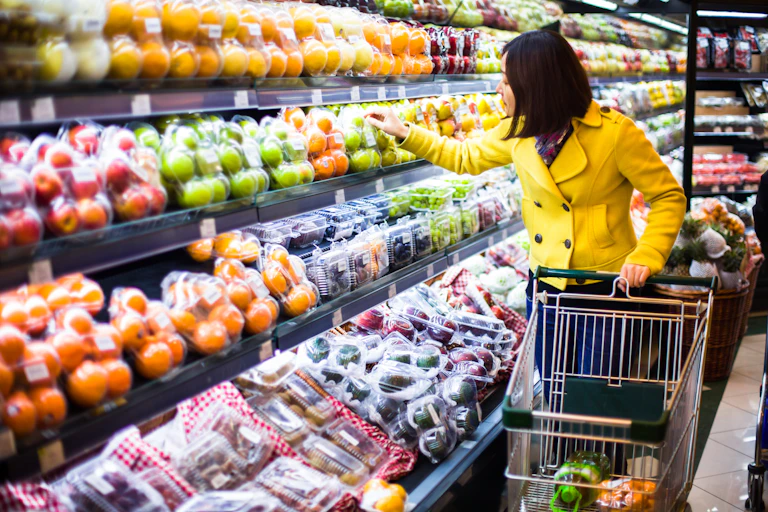 A young woman examines packaged fruit on a grocery store shelf
