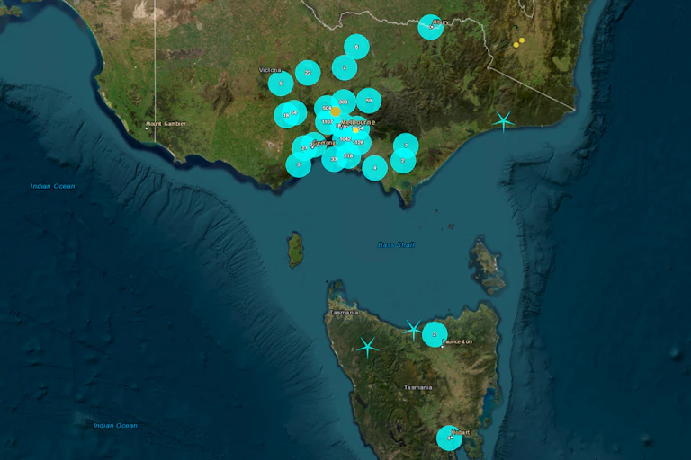 A screenshot of a map of Victoria and Tasmania with lots of blue dots concentrated around Melbourne