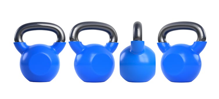four blue kettle bell weights with black handles