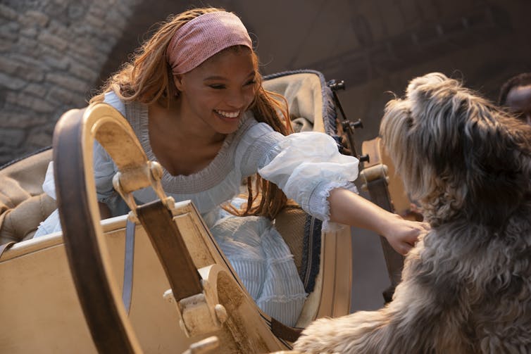 Ariel in a carriage leaning down to stroke a dog.