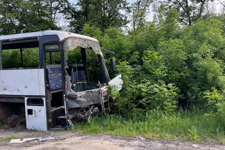 Car détruit abandonné au bord d'une route en forêt.