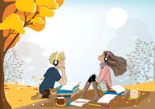 Illustration de deux enfants écoutant de la musique.