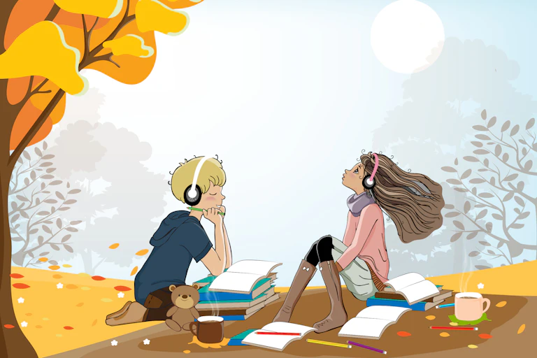 Illustration de deux enfants écoutant de la musique.