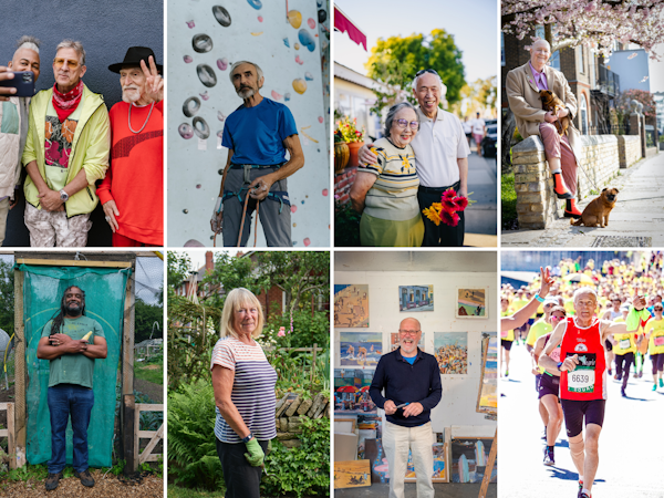 Collage of older people doing fun activities.