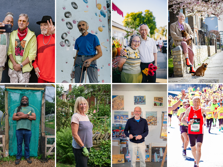 Collage of older people doing fun activities.
