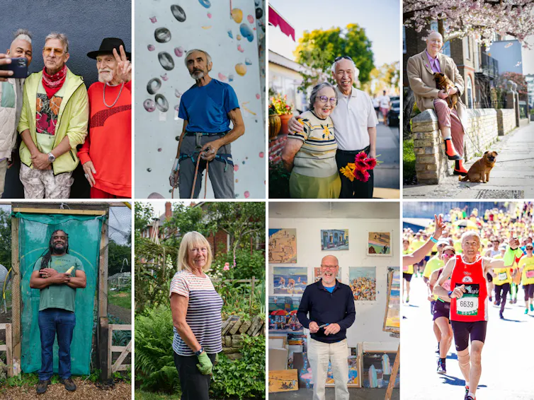Collage of older people doing fun activities.