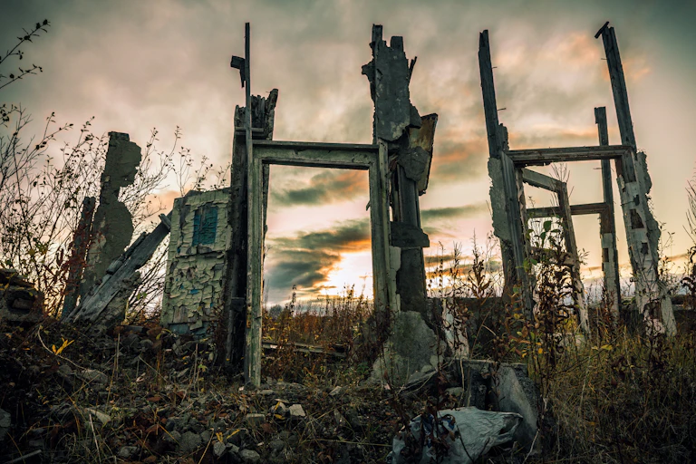 Ruined houses.