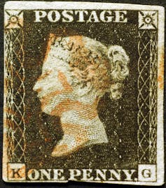 Against a dark background festooned with Maltese crosses and a red postmark is an image of Queen Victoria on the Penny Black stamp.