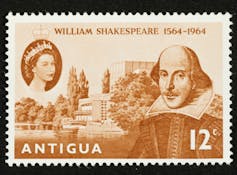 Tinted antique-brown, a stamp features the images of Queen Elizabeth II and William Shakespeare.