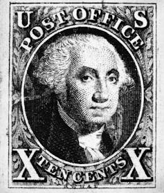 A portrait of George Washington appears on a U.S. stamp.