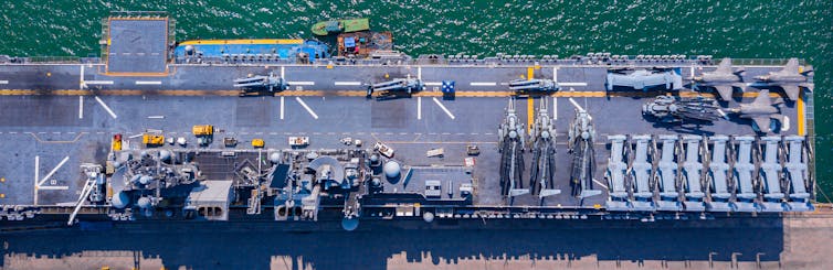 An overhead view of an aircraft carrier.