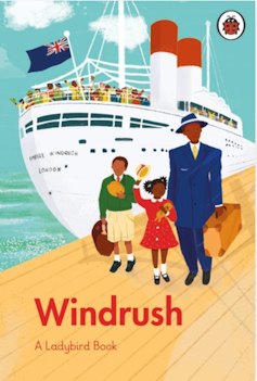 A yellow, blue and white cover of a Ladybird book about the Caribbean Windrush arrivals.