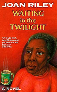 Bright red cover of a book called Waiting in the Twilight, showing a sad-looking black woman and a cup of tea.
