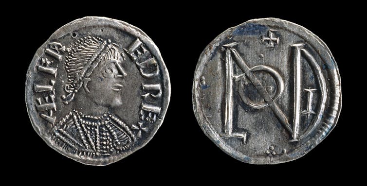 Two sides of a silver coin, one with a profile image of a man's head with the inscription 'ALFREDE'