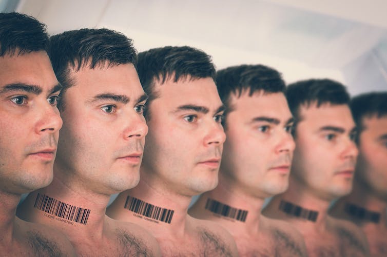 a row of identical men with a barcode tattoo on their necks
