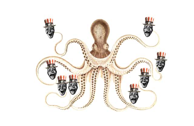 an old-fashioned illustration of an octopus with a frowning or smiling face mask wearing a red, white and blue top hat at the end of each arm.
