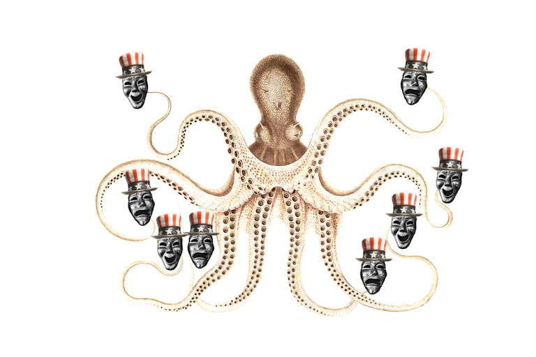 an old-fashioned illustration of an octopus with a frowning or smiling face mask wearing a red, white and blue top hat at the end of each arm.