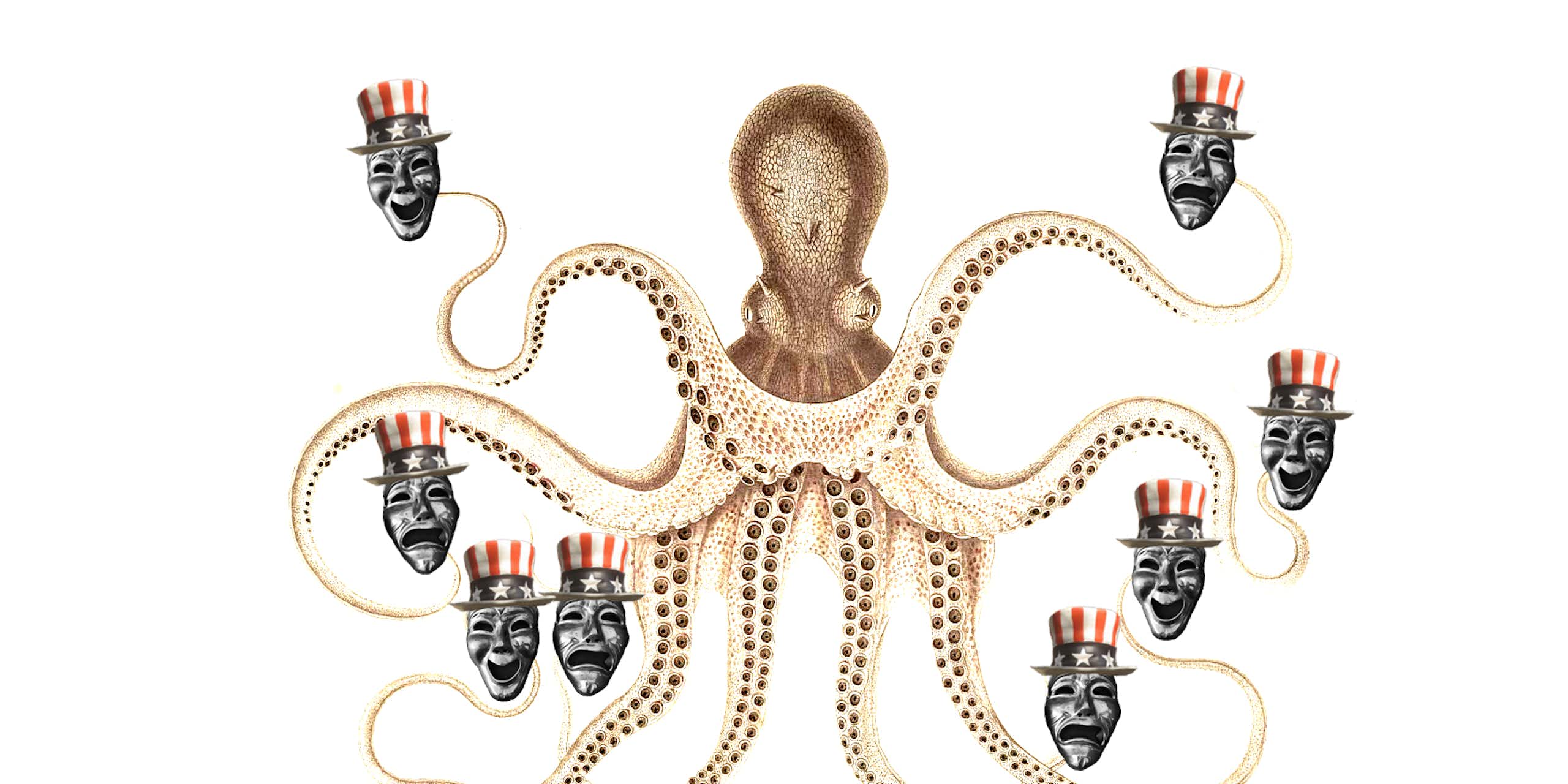 an old-fashioned illustration of an octopus with a frowning or smiling face mask wearing a red, white and blue top hat at the end of each arm.